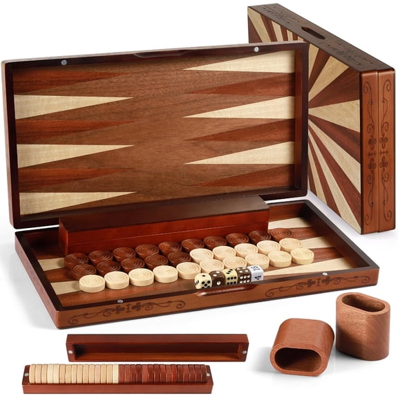 Wooden Backgammon Set 16 Inch Board with Oversized 1.2 Inch Pieces