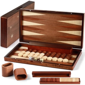 Wooden Backgammon Set with Oversized Pieces and Intricate Carvings 16 x 15.3 Inch Foldable Board Star Style