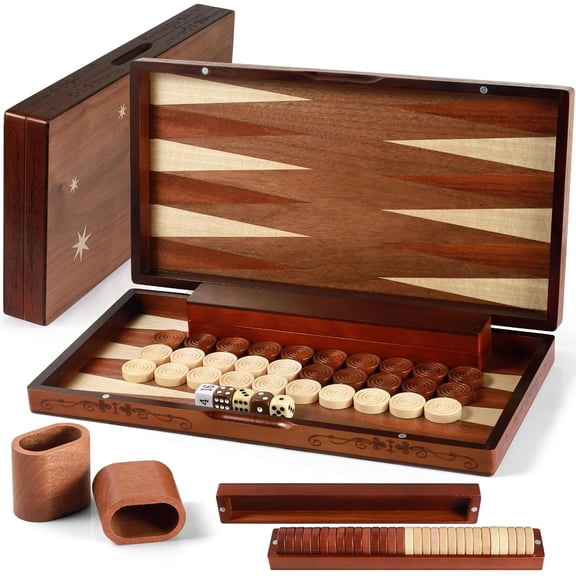 Wooden Backgammon Set with Oversized Pieces and Intricate Carvings 16 x 15.3 Inch Foldable Board Star Style