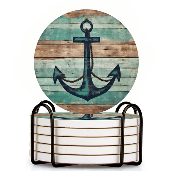 Wooden Background With Anchor Painted On It Set of 6 Ceramic Coasters with Holder, Absorbent Drink Bar Coasters, Table Coasters for Living Room Decor Tabletop Protection
