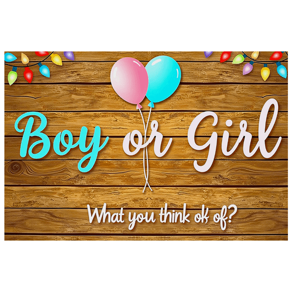 Wooden Background Gender Reveal Party Banner with Balloons and Lights Decors Party Supplies Photography Props Baby Shower Backdrop Celebration Decorations