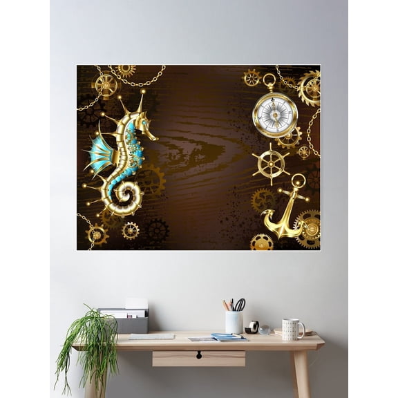 Wooden Background With Mechanical Seahorse ( Steampunk ) Poster Wall Art, Modern Wall Decor For Living Room Bedroom, 24x36 UNFRAMED