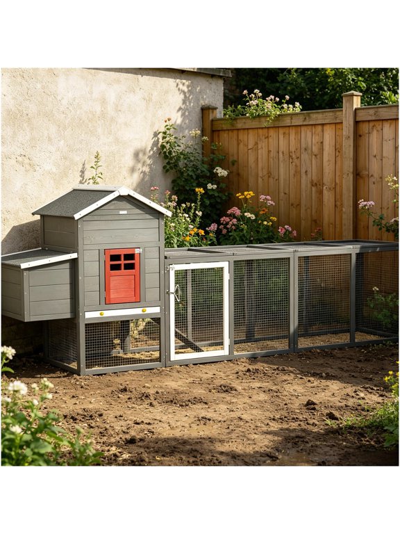 Wooden Backyard Chicken Coop for Outdoor Pet Flock with Nesting Area and Easy Slide-Out Cleaning Tray, Large Walk-In Hen House with Asphalt Roof in Storm Gray for Daily Roosting and Resting Space