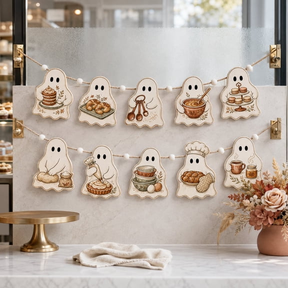 Wooden Baking Ghost Garland: Beaded Fall Kitchen Wall Decor