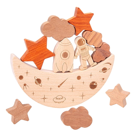Wooden Balance Beam Building Blocks, Moon Stacking Toy, Educational Stacking High Game, Space Building Blocks for Cognitive Development