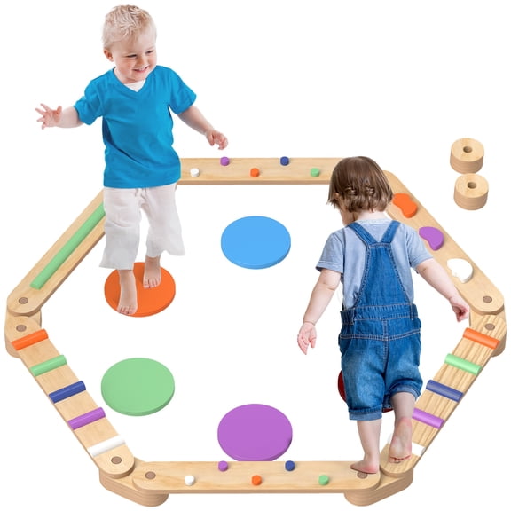 Wooden Balance Beam for Toddlers 3-8 Years, Qaba Kids Balance Board with Stepping Stones, Indoor Outdoor Gymnastics Obstacle Course for Motor Skills Coordination, Multicolor Pine Construction