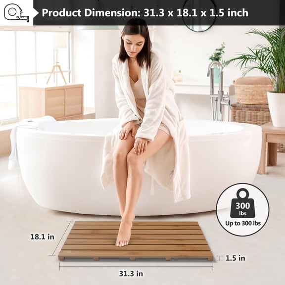 Wooden Bamboo Bath Shower Mat - Non-Slip Waterproof Large Bathroom Floor Mat for Indoor Outdoor (Walnut, 31.3 x 18.1 x 1.5 Inches)