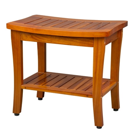 Wooden Bamboo Bench Waterproof Seat Stool Foot Rest Shaving Stool with Non-Slip Feets Storage Shelf for Shampoo Towel,Works in Bathroom/Living Room/Bedroom/Garden Leisure