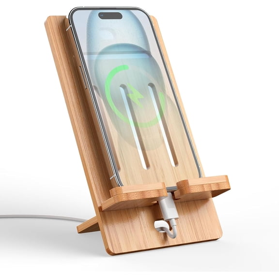 Wooden Bamboo Cell Phone Stand, Wood Charging Dock Holder, Portable Desktop Phone Rack, Compatible with Mobile Phone and Tablet -Slim Version