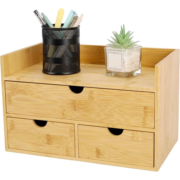 Wooden Bamboo Desk Organizer with Three Drawers Countertop Storage Box Home Office Corner Desk No Assembly Required