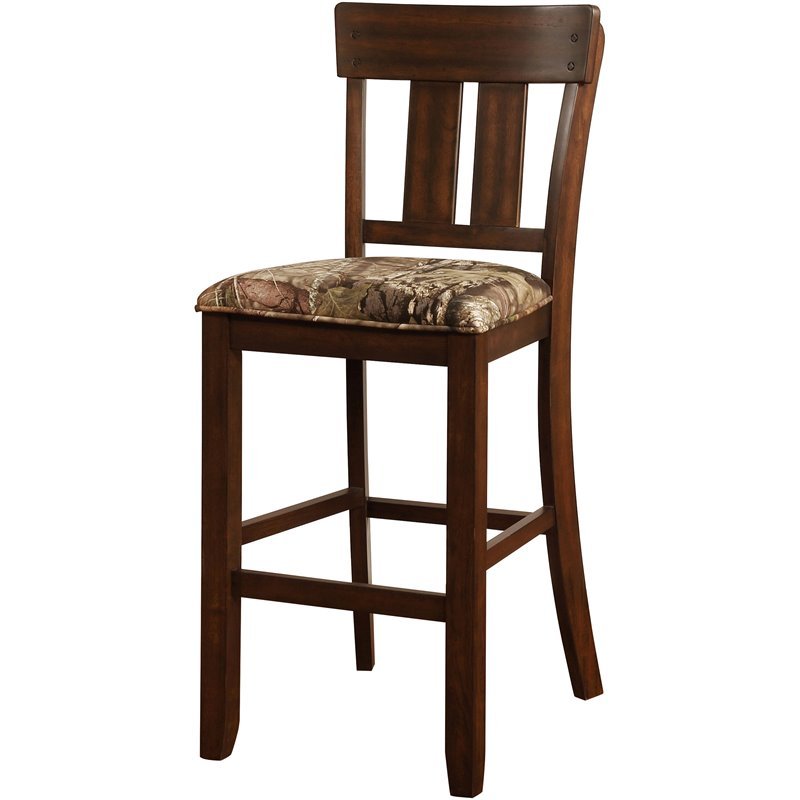 Wooden Bar Stool with Camouflage Fabric Seat in Brown