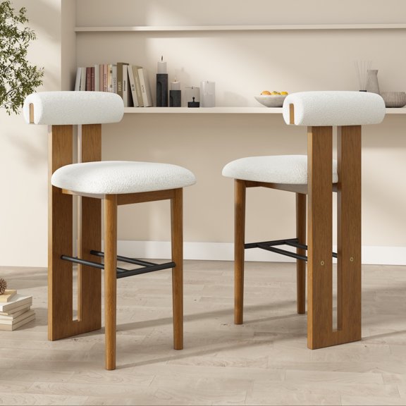 Wooden Bar Stool with White Fabric Seat and Cloud-Shaped Backrest, Set of 2, Walnut Finish