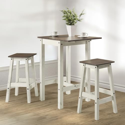 - Wooden Bar Table - Height Kitchen Table for 2 - Bar Height Dining Set of Drop Leaf Table and 2 Stools - Stools Set - White Distressed$$Furniture