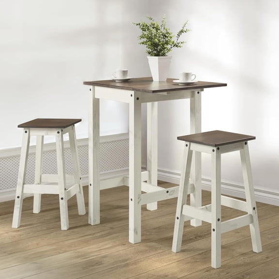 Wooden Bar Table - Height Kitchen Table for 2 - Bar Height Dining Set of Drop Leaf Table and 2 Stools - Stools Set - White Distressed