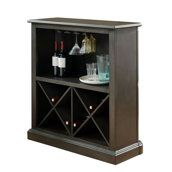 Benjara Wooden Bar Table with X Shaped Wine Holders and Wide Shelf, Gray