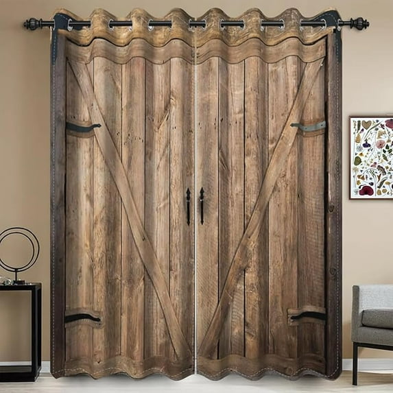 Wooden Barn Door Blackout Curtains For Living Room Decoration Rustic Farmhouse Vintage Country Garage Western Bedroom Window Drapes Treatment Fabric Set 26"W x 63"L (Pack of 2)