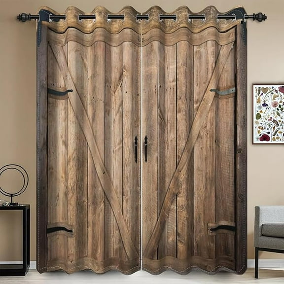 Wooden Barn Door Blackout Curtains For Living Room Decoration Rustic Farmhouse Vintage Country Garage Western Bedroom Window Drapes Treatment Fabric Set 26"W x 45"L (Pack of 2)