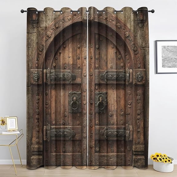 Wooden Barn Door Blackout Curtains, Stone Rock Houses Curtains & Drapes for Bedroom Living Room, Rustic Village Wood Plank Grommet Curtain for Sliding Door 26"W x 45"L (Pack of 2)