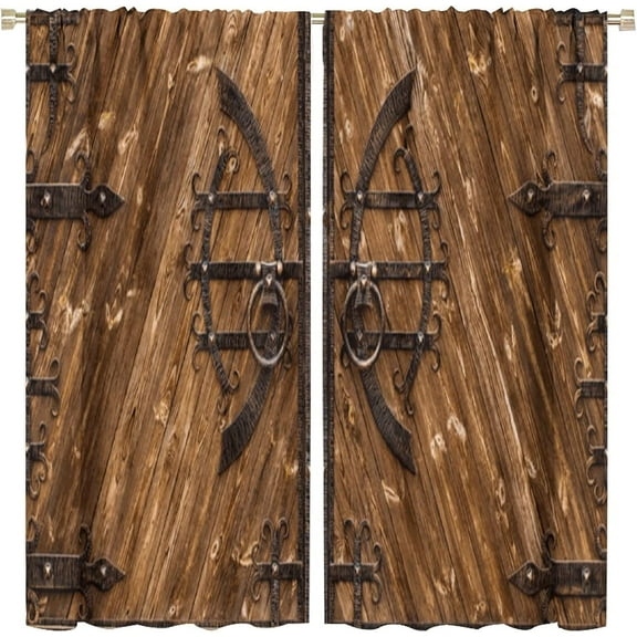 Wooden Barn Door Curtain Wooden Cafe Curtains Western Wood Cabin Decor Retro Brown for Living Room Bedroom Blackout Rod Pocket Printed Window Drapes 2 Panel 52x84in