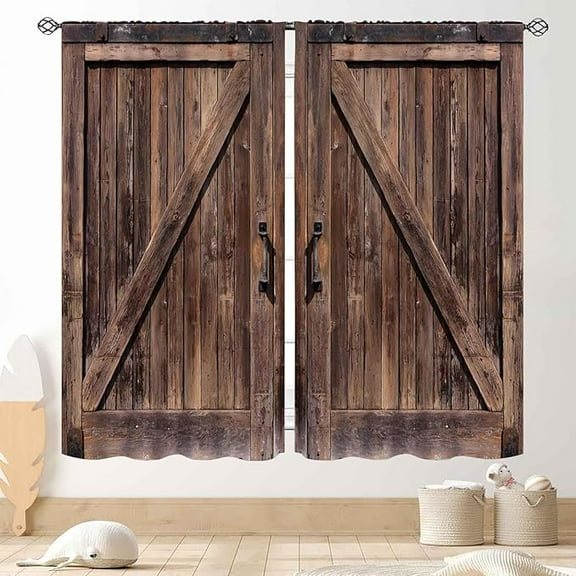 Wooden Barn Door Curtains, Rustic Brown Wood Board Farmhouse Country Cottage Barnwood Garage Gate Drapes Window Curtains For Living Room Bedroom Kitchen 26"W x 45"L (Pack of 2)