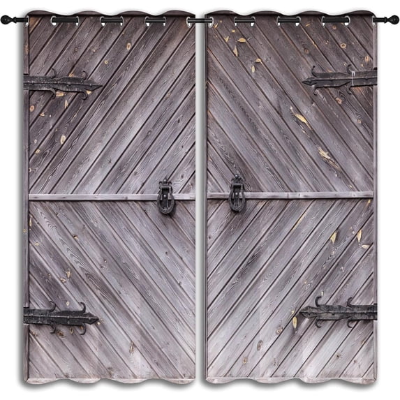 Wooden Barn Door Grommet Blackout Curtains for Boy Girl Bedroom, Western Rustic Farmhouse Vintage Door Home Energy Efficient Light Filtering Window Curtain for Living Room, 42x63 inch