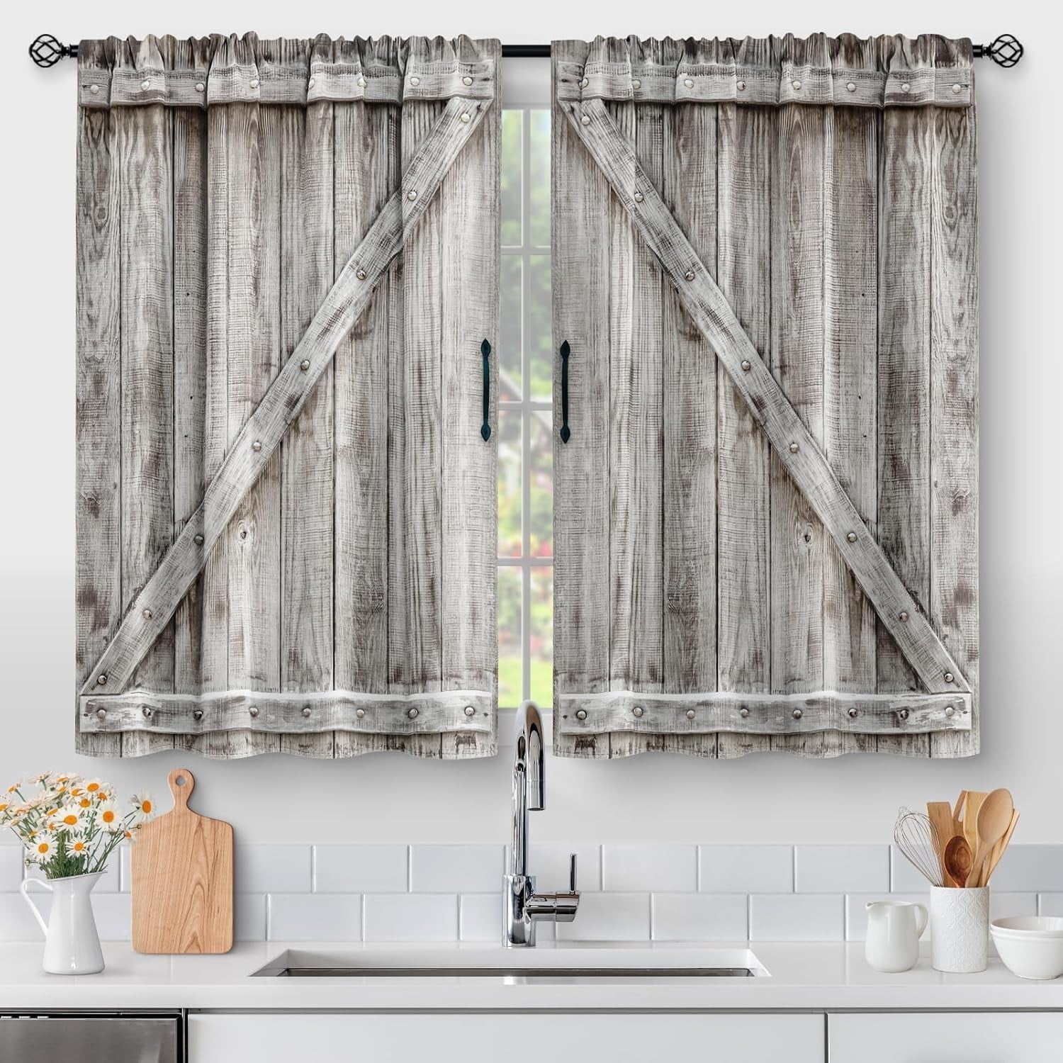 Wooden Barn Door Kitchen Curtains - Country Wood Farmhouse Rustic Farm ...