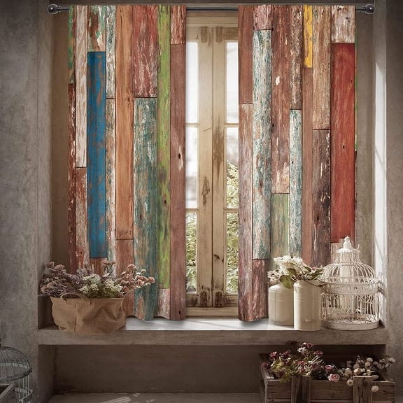 Wooden Barn Door Kitchen Curtains Farmhouse Brown Rustic Garage Gate Vintage Curtain for Home Decor Modern Window Treatment