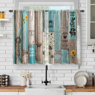 Wooden Barn Door Kitchen Curtains: Farmhouse Vintage Plank Striped Short Cafe Curtains Decor for Living Room Tier Curtains for Bathroom Rod Pocket Window Drapes 36 Inch Length 2 Panels Set