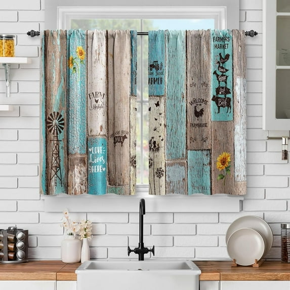 Wooden Barn Door Kitchen Curtains: Farmhouse Vintage Plank Striped Short Cafe Curtains Decor for Living Room Tier Curtains for Bathroom Rod Pocket Window Drapes 24 Inch Length 2 Panels Set