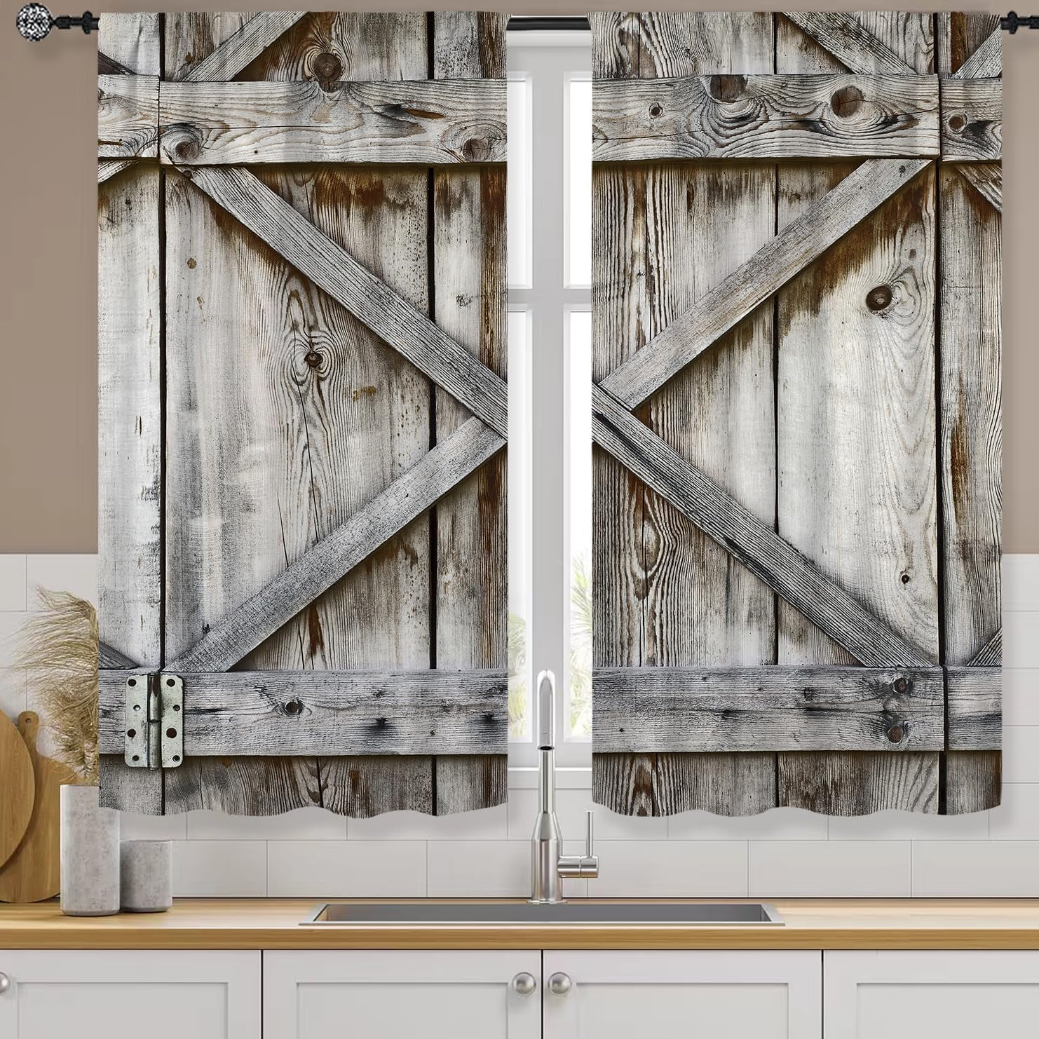 Wooden Barn Door Kitchen Curtains Rod Pocket Rustic Gray Vintage Farmhouse Western Small Cafe Tier Curtains Village Rust Cabin Window Treatment Drapes Home Decor(27.5W X 39L Inch 2 Panels)