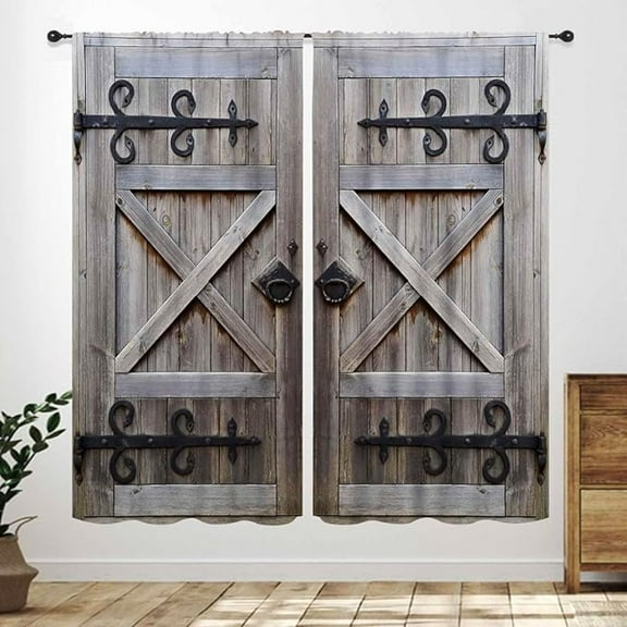 Wooden Barn Door Kitchen Curtains, Rustic Gray Vintage Farmhouse Curtains Village Rust Cabin Window Treatment Drapes For Bedroom Living Room Cafe 42"W x 108"L (Pack of 2)