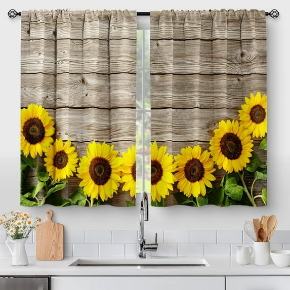 Wooden Barn Door Kitchen Curtains - Sunflower Rustic Country Wood Vintage Floral Short Cafe Tier Curtains Decor Farmhouse Retro Rod Pocket Window Drapes 24 Inch Length 2 Panel Set, 28"x24"