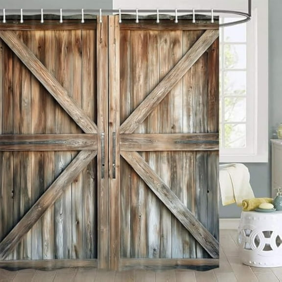 Wooden Barn Door Shower Curtain, Rustic Vintage Wood Farmhouse Country Style With Hooks, 72X72 Inch