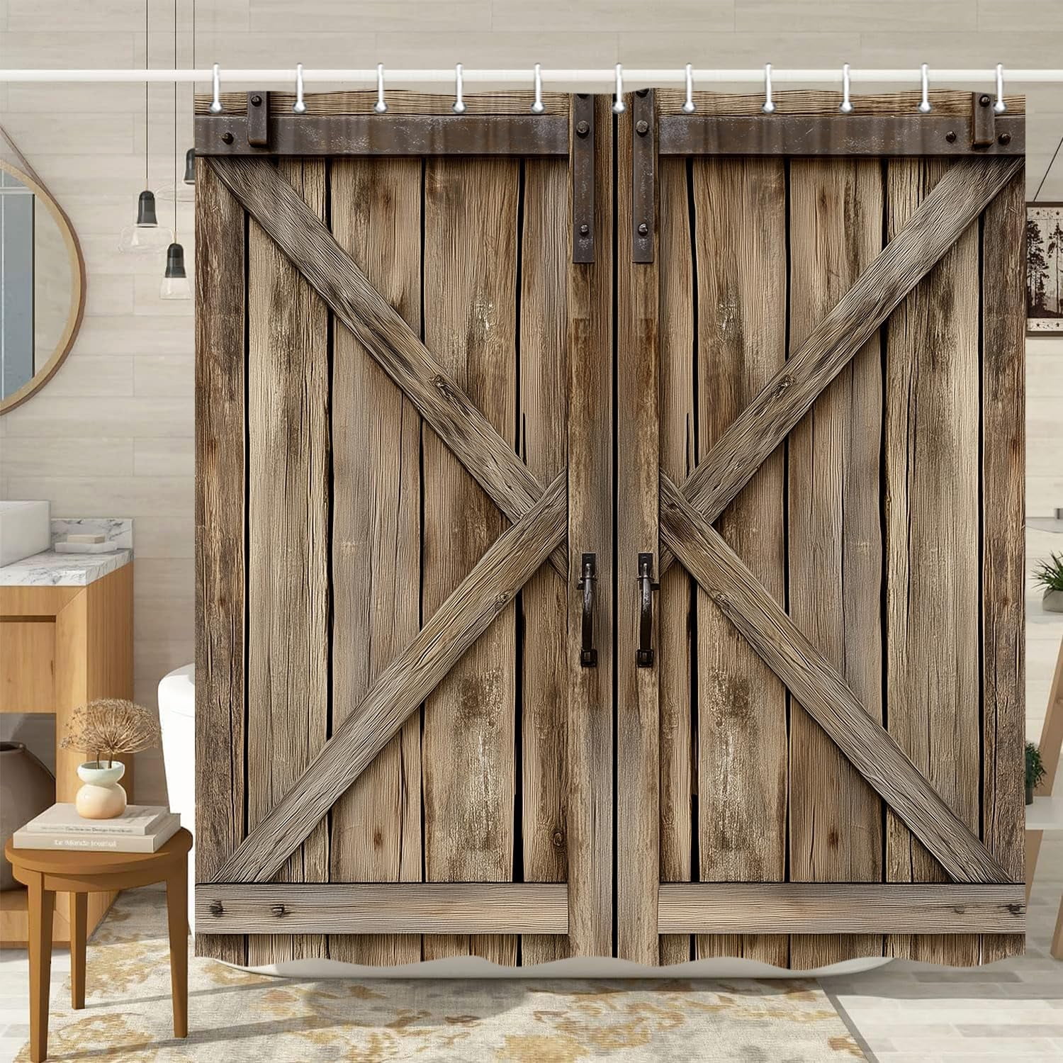 Wooden Barn Door Shower Curtain, Rustic Wooden Garage Door Shower Curtain Vintage Wood Farmhouse Shower Curtain, Country Barn Door Shower Curtain with Hooks, 72X72 Inch, Brown