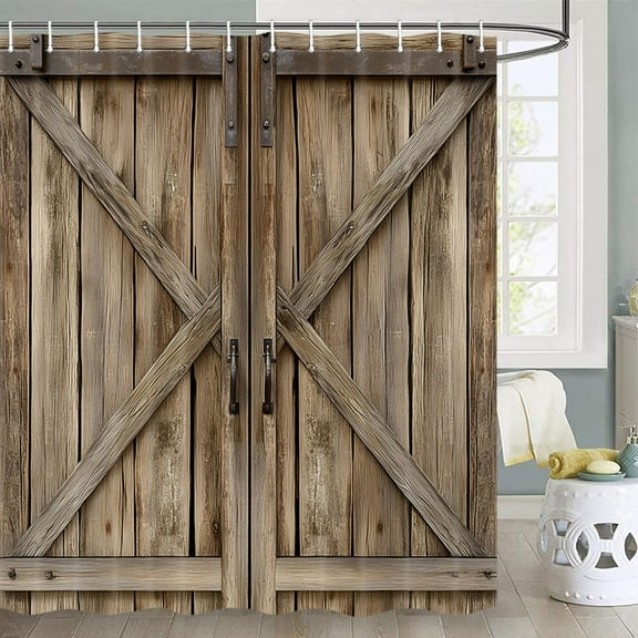Wooden Barn Door Shower Curtain, Rustic Wooden Garage Door Shower Curtain Vintage Wood Farmhouse Shower Curtain, Country Barn Door Shower Curtain with Hooks, 72X72 Inch, Brown