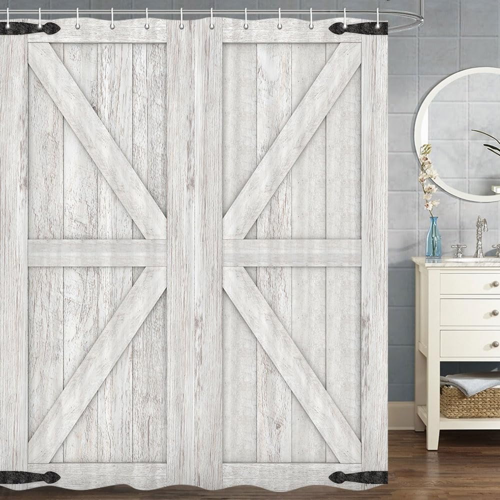 Wooden Barn Door Shower Curtain, Rustic Wooden Garage Door Shower Curtain Vintage Wood Farmhouse Shower Curtain, Country Barn Door Shower Curtain with Hooks, 72X72 Inch, Beige