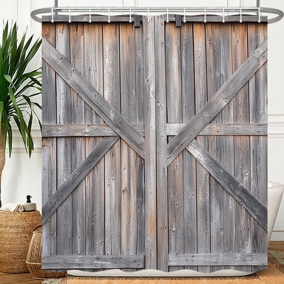 Wooden Barn Door Shower Curtain, Rustic Wooden Garage Door Shower Curtain Vintage Wood Farmhouse Shower Curtain, Country Barn Door Shower Curtain with Hooks, 72X72 Inch, Grey