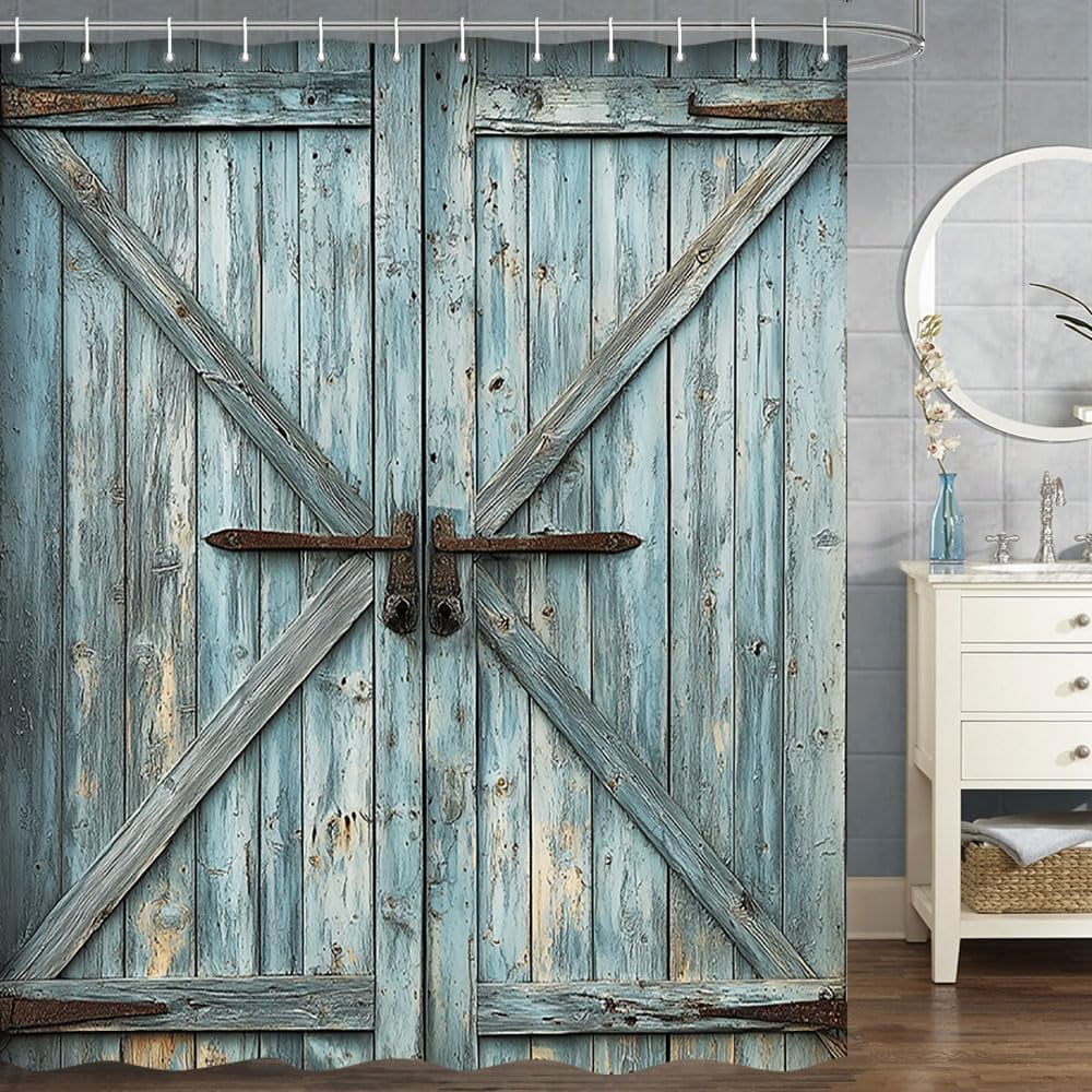 Wooden Barn Door Shower Curtain, Rustic Wooden Garage Door Shower Curtain Vintage Wood Farmhouse Shower Curtain, Country Barn Door Shower Curtain with Hooks, 72X72 Inch, Blue