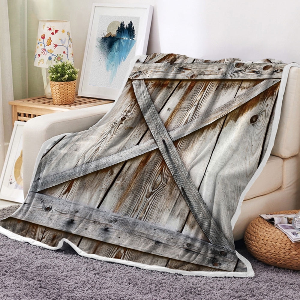 Wooden Barn Door Throw Blanket Rustic Farmhouse Barn Wood Throw Flannel Blankets for Couch Bed Primitive Western Country Plush Cozy Fuzzy Blanket