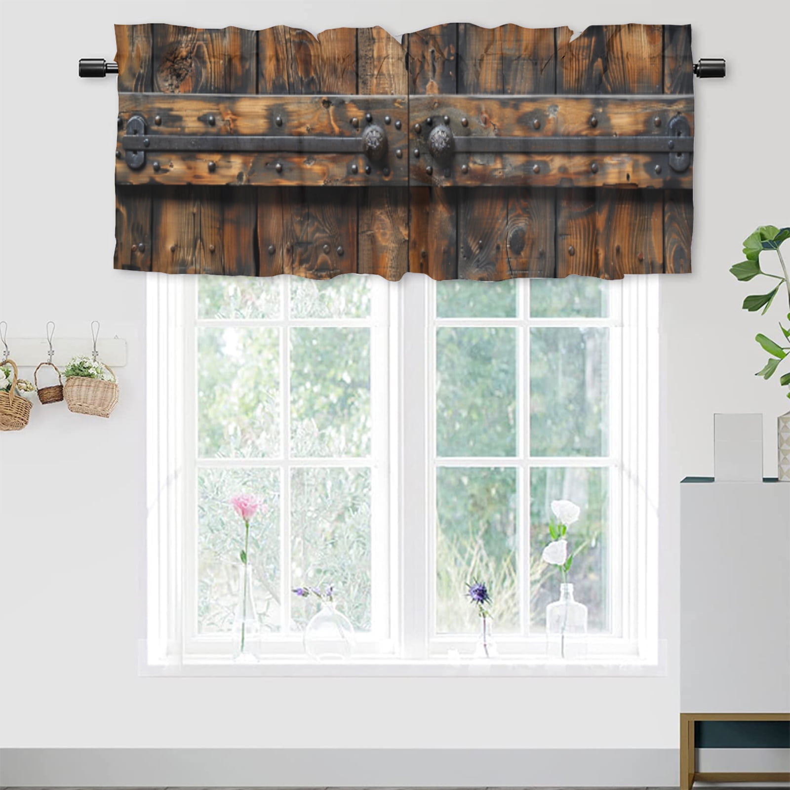 Wooden Barn Door Window Curtain Valances Rustic Farmhouse Country Retro ...