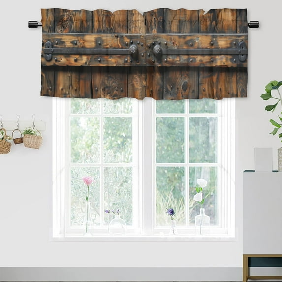 Wooden Barn Door Window Curtain Valances Rustic Farmhouse Country Retro Rustic Western Rod Pocket Valances for Bedroom Living Room Dining Room 54 by 18 in, 1 Panel