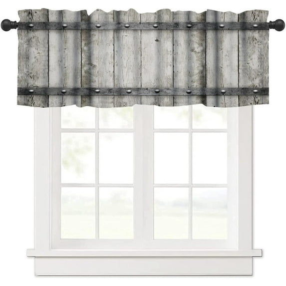 Wooden Barn Doors Valance Curtain Wood Rustic Farm Farmhouse Country Retro Metal Texture Western Rod Pocket Valance Window Treatments 1 Panel Short Curtains for Kitchen Bedroom 54 x 18 in