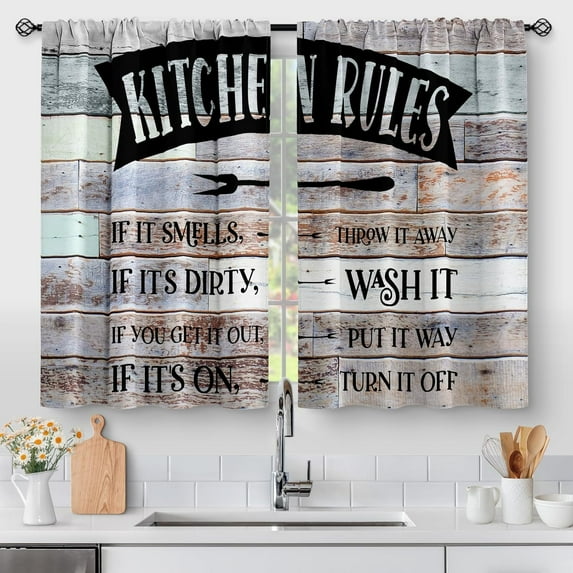 Wooden Barn Farmhouse Kitchen Curtains - Rustic Wood Country Retro Small Short Cafe Tier Curtains for Living Dining Room Farm Family Rules Window Drapes 24 Inch Length 2 Panels 28"x24"