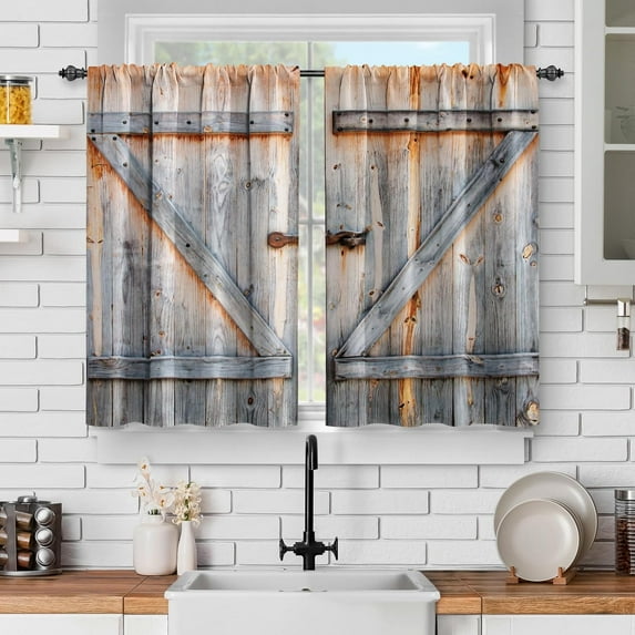 Wooden Barn Kitchen Curtains - Vintage Farmhouse Short Cafe Curtains for Bathroom Living Room Decor Tier Curtains Printed Rod Pocket Window Drapes 36 Inches Length 2 Panel Set