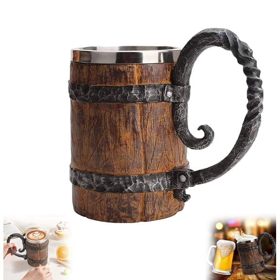 Wooden Barrel Beer Mug 18 oz Viking Style Beer Stein with Handle, Double Wall Stainless Steel Tankard, Simulation Wooden Barrel Double-layer Beer Mug for Bar, Party, Gift (1 Pcs)