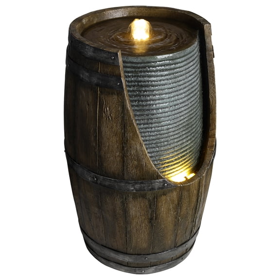 Wooden Barrel Fountain with Lights - Rustic Garden Waterfall