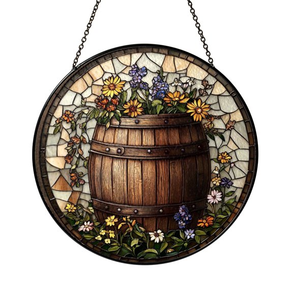 Wooden Barrel Stained Glass Suncatcher Window Hanging, Rustic Beverage Theme Decor, Unique Gift for Beer Lovers