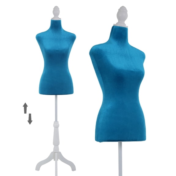 Wooden Base Adjustable Dress Form Mannequin Torso 50"-63", Female Sewing Dummy with Foam Body, Pinnable Fabric, Blue