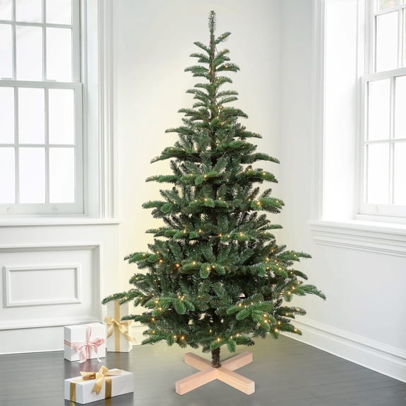 Wooden Base Christmas Tree 7 ft Pre lit, Bringstar Artificial Tree 941 PE PVC Mixed Tips, 400 Lights