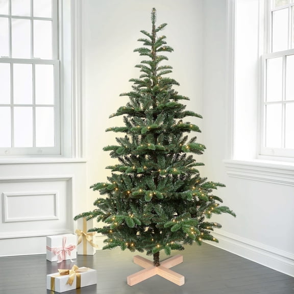 Wooden Base Christmas Tree 7 ft Pre lit, Bringstar Artificial Tree 941 PE PVC Mixed Tips, 400 Lights